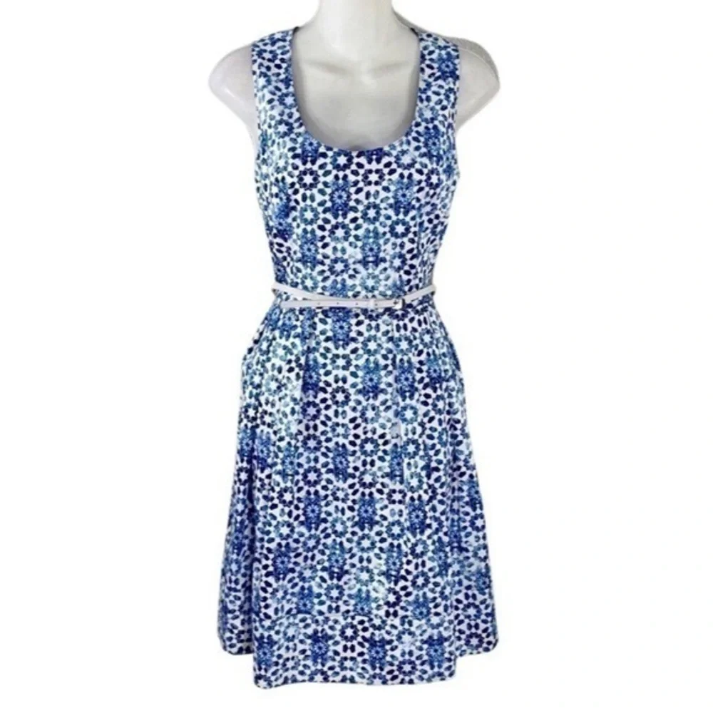 Calvin Klein blue white kaleidoscope print sleeveless belted flare dress 4 AD30